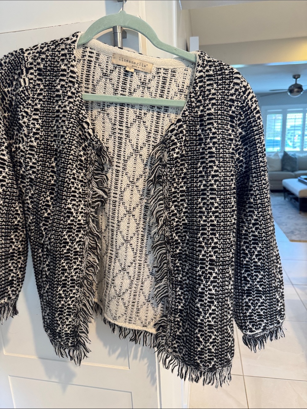 Lineamaglia 
Black & White Fringe Knit Open Cardigan